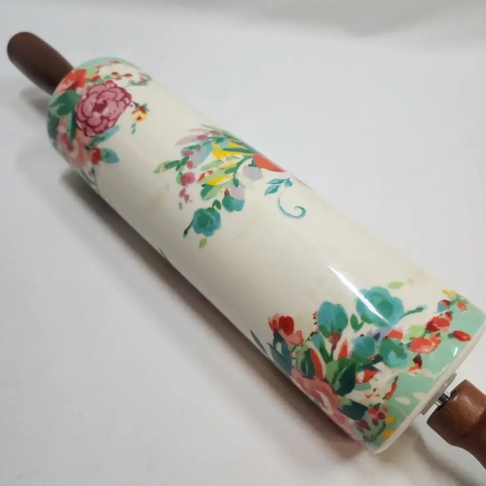 Pioneer Woman Rolling Pin PAINTED MEADOWS Stonewear Floral Acacia Wood Handles